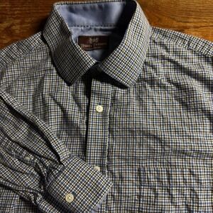 Hickey Freeman‎ Plaid Long Sleeve Button Down XL Brown Blue 100% Cotton
